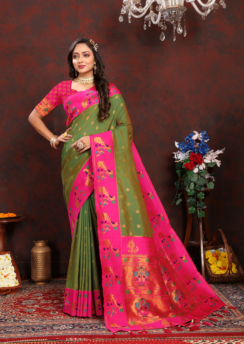 Lorenvalley Fashion Green Soft Paithani Silk Woven Design Rich Zari Meenakari Weaving Saree