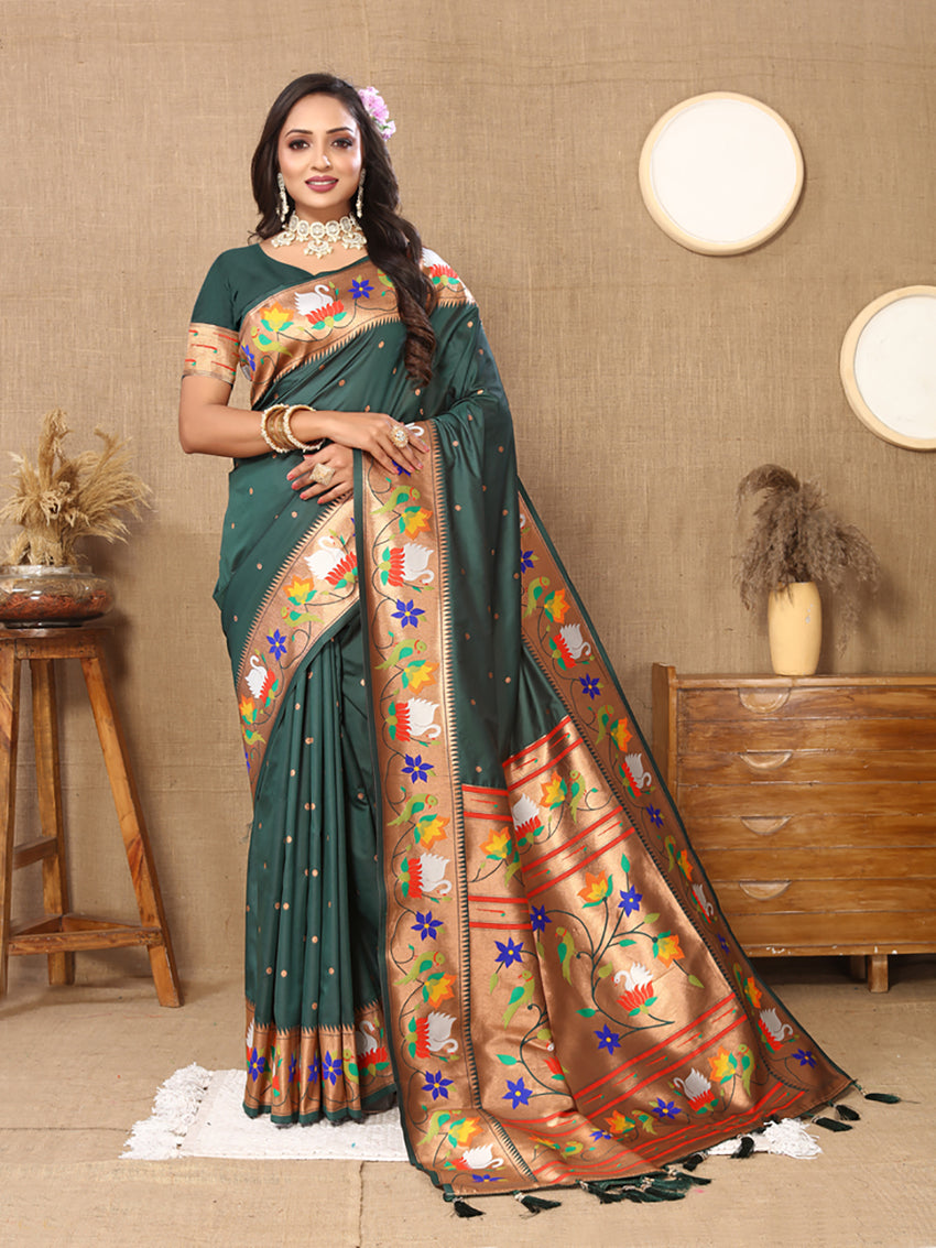 Green Soft Paithani Silk Saree with Rich Zari Meenakari Weaving