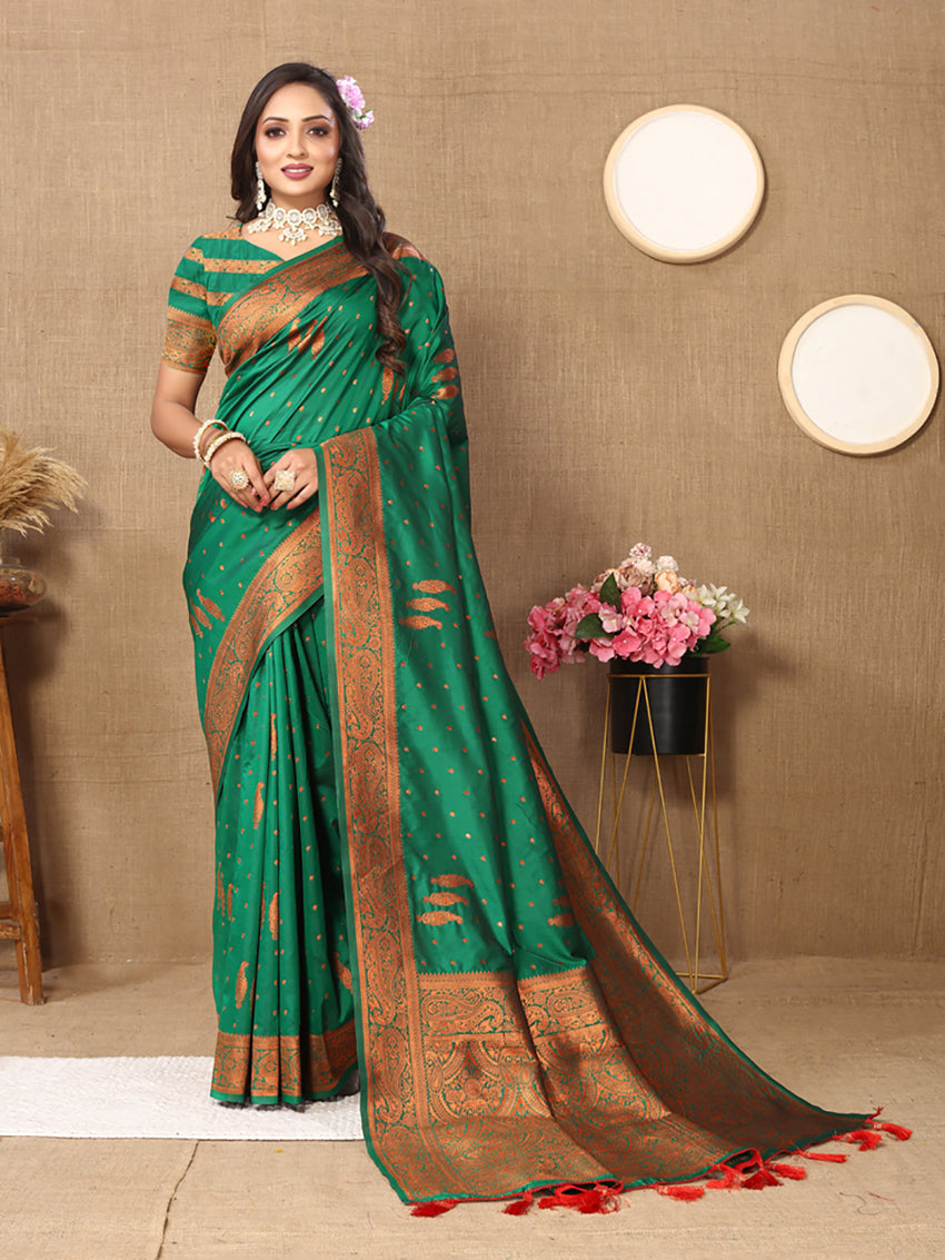 Green Soft Silk Saree with Copper Zari Weaving Design