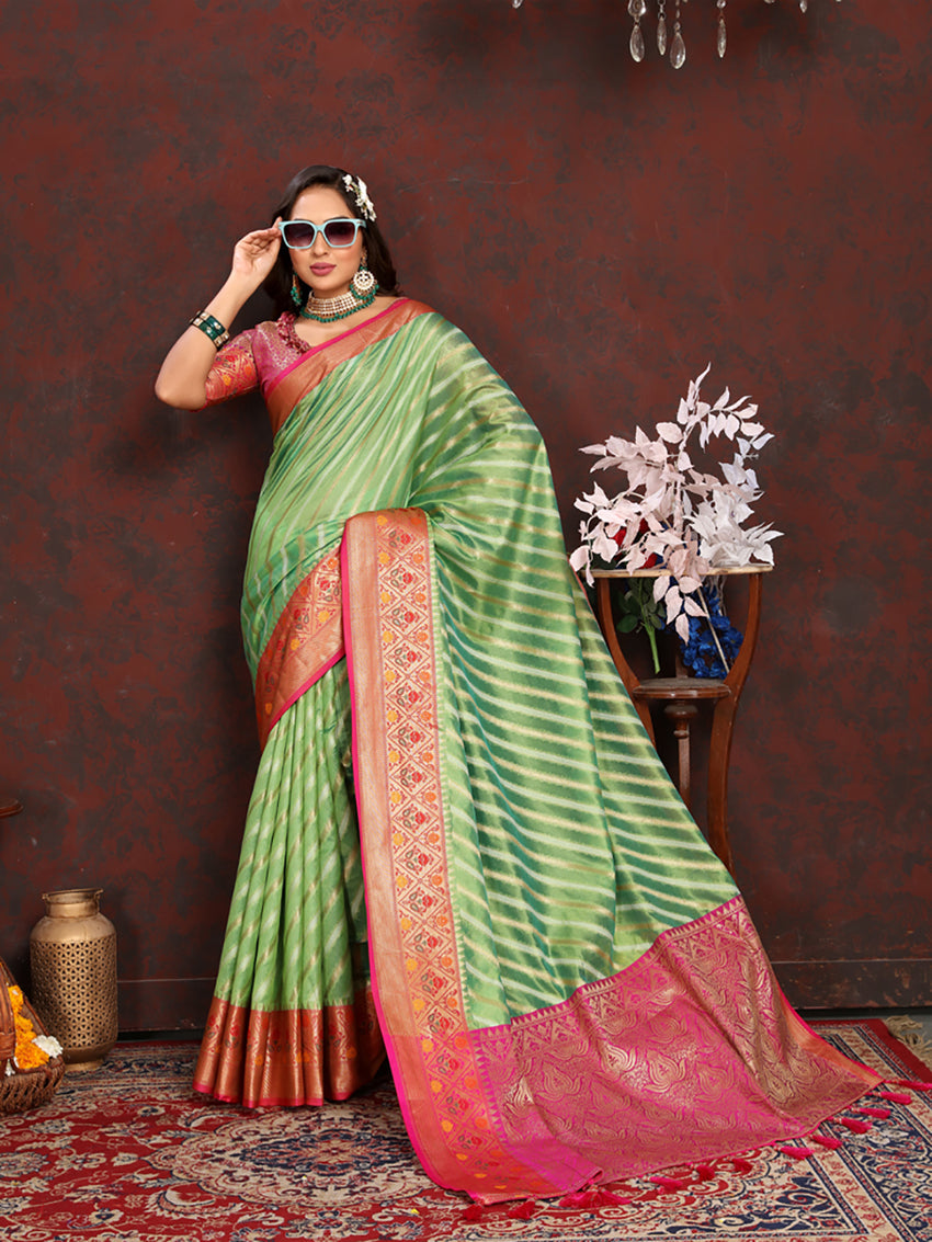 Green Organza Silk Saree with Rich Meenakari Weaving Pallu