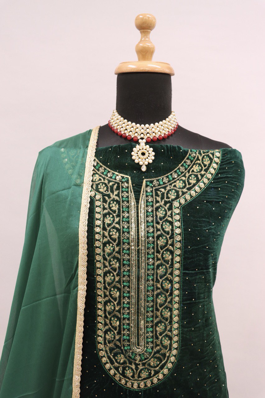 Women Green Velvet Embroidered Unstitched Salwar Suit Material