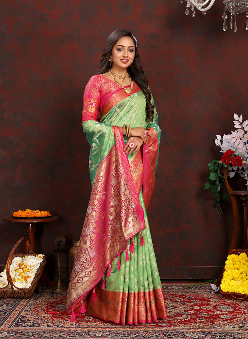 Green Organza Silk Saree with Meenakari Woven Pallu & Silk Blouse
