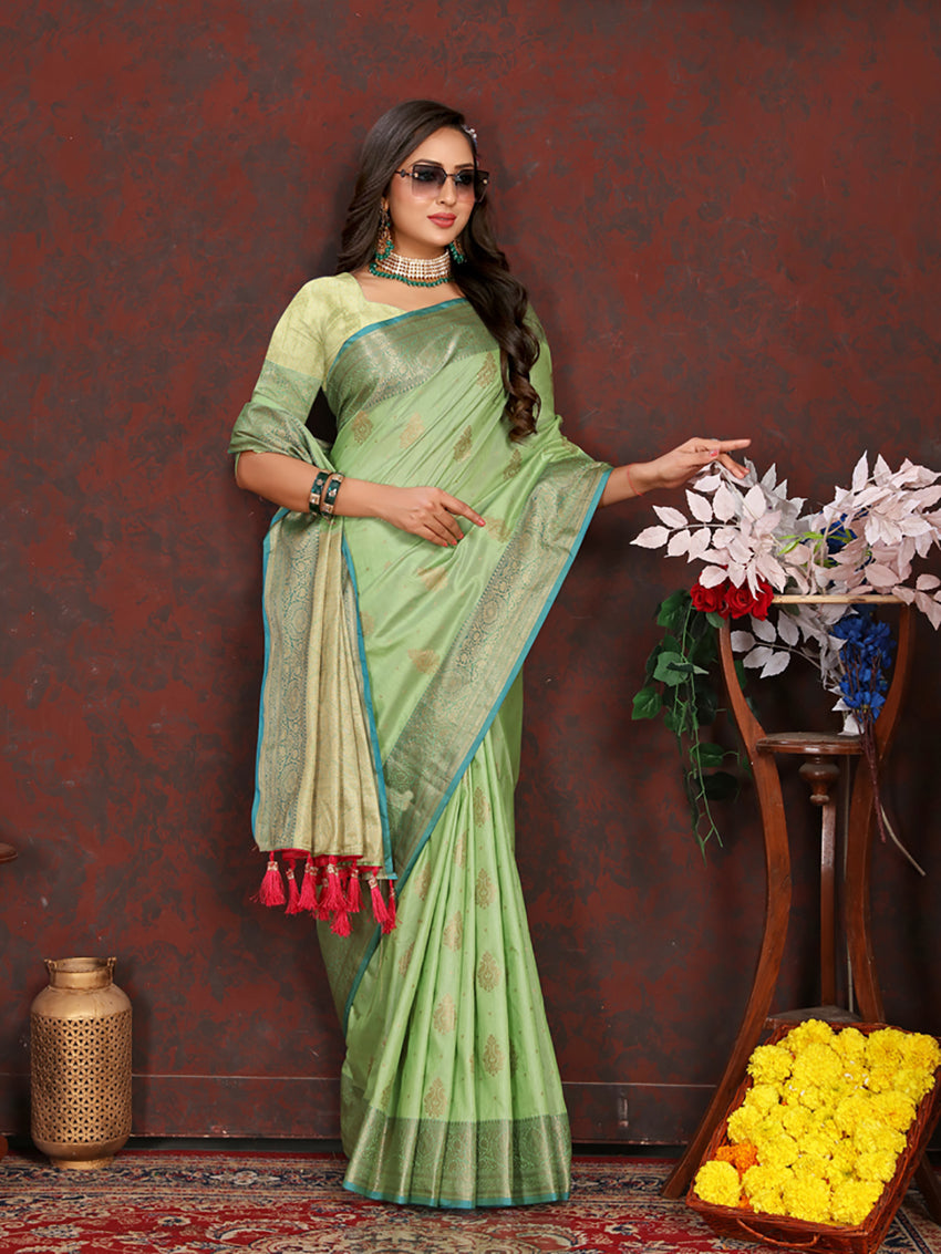 Green Soft Katan Silk Saree with Traditional Zari Woven Pallu