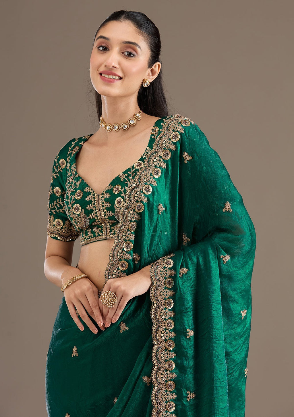 Green Fendi Satin Saree with Heavy Embroidery and Sequence Work
