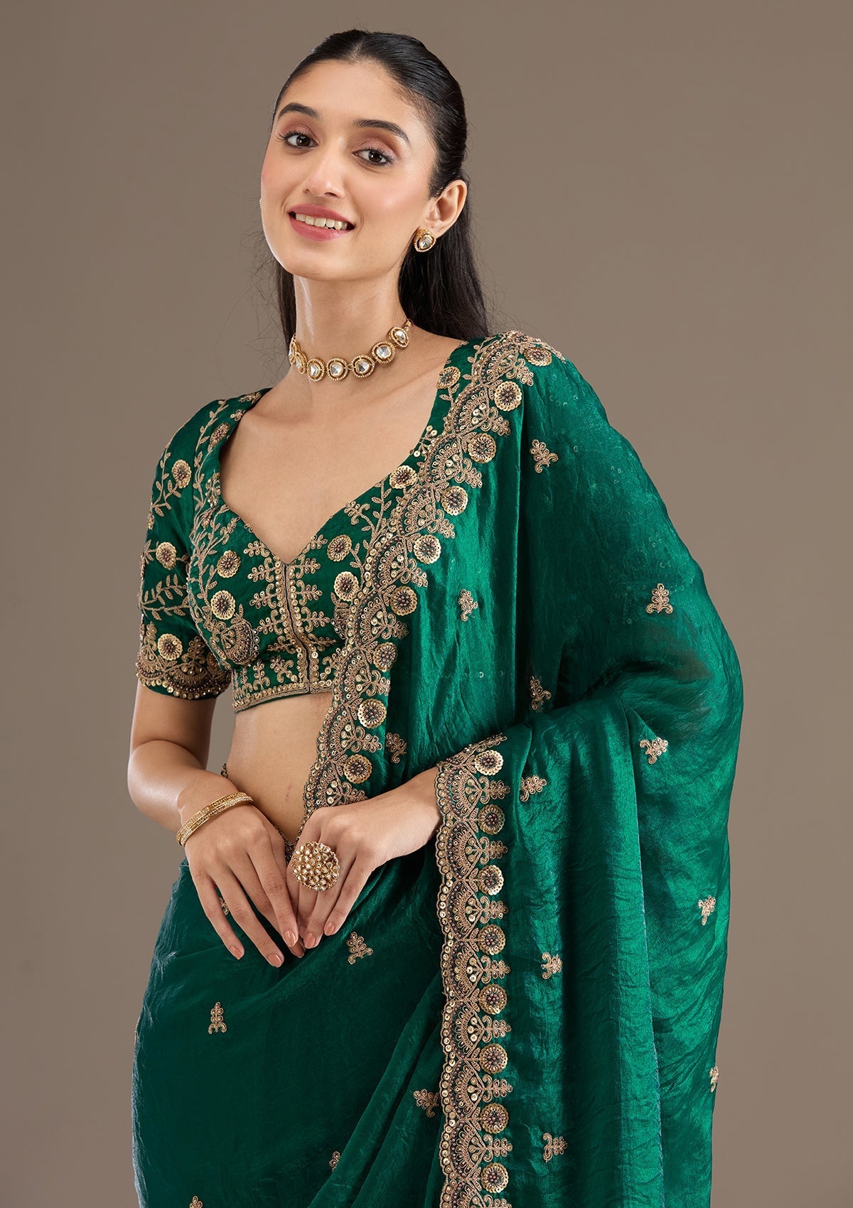 Green Fendi Satin Saree with Heavy Embroidery and Sequence Work
