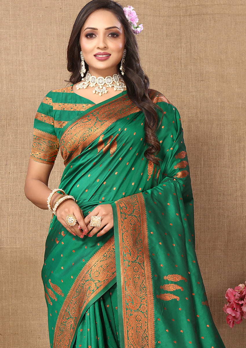 Green Soft Silk Saree with Copper Zari Weaving Design