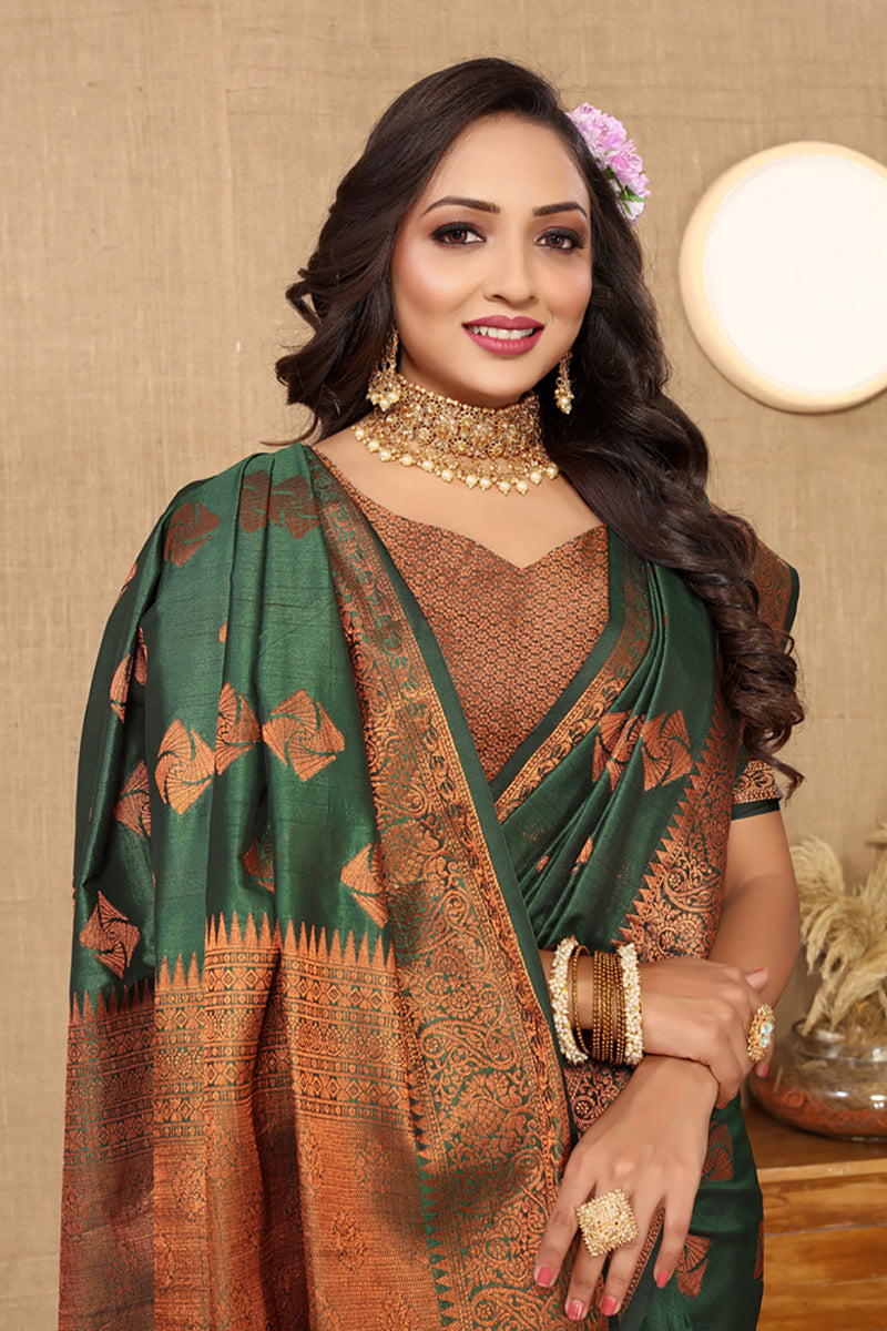Green Soft Katan Silk Saree with Copper Zari Weaving