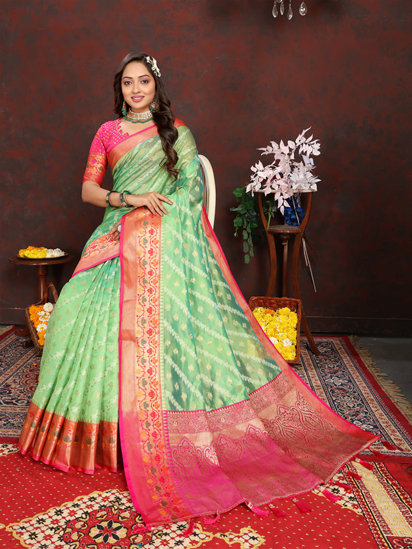 Green Organza Silk Saree with Meenakari Woven Pallu