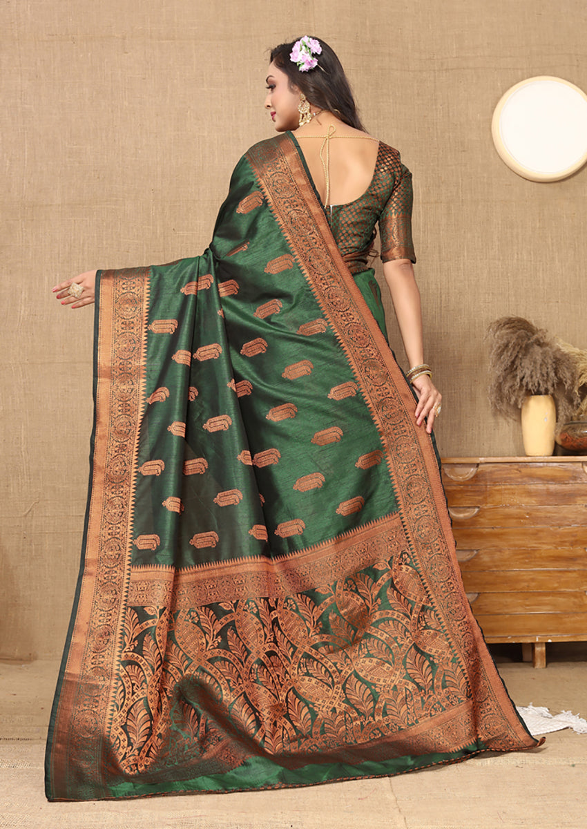 Green Soft Katan Silk Saree with Copper Zari Weaving