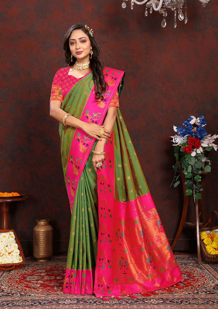 Lorenvalley Fashion Green Soft Paithani Silk Woven Design Rich Zari Meenakari Weaving Saree