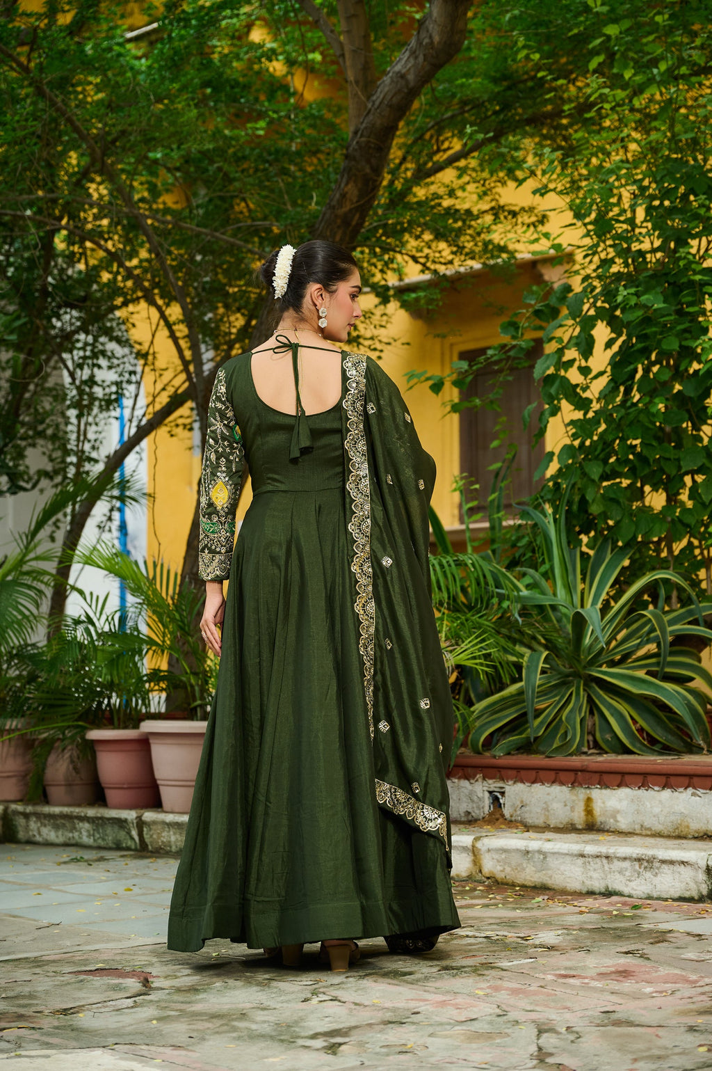 Green Vichitra Silk Anarkali Gown with Multi-Thread Embroidery