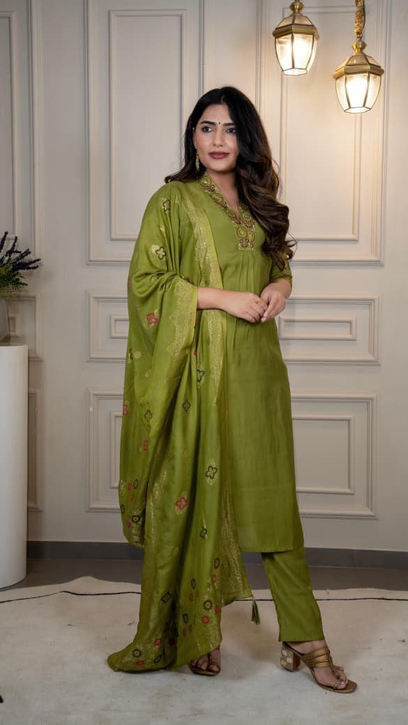 Green Roman Silk Sequined Kurta Pant Set with Dupatta