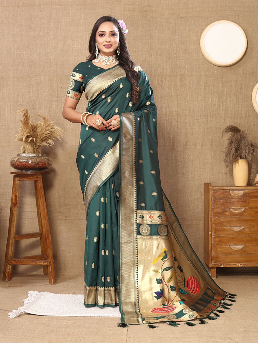 Green Soft Paithani Silk Saree with Rich Zari Meenakari Weaving