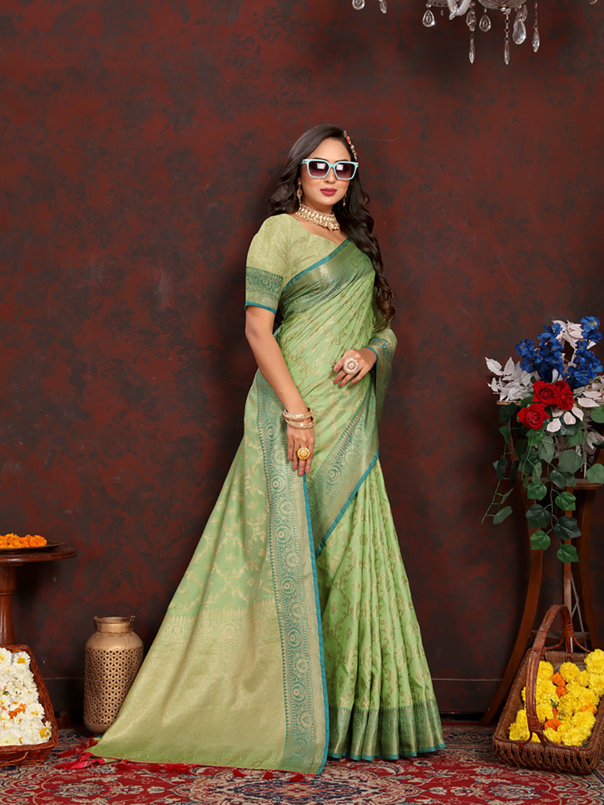 Green Soft Katan Silk Saree with Zari Weaving Pallu