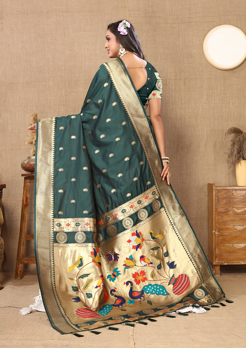 Green Soft Paithani Silk Saree with Rich Zari Meenakari Weaving