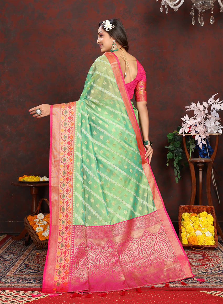 Green Organza Silk Saree with Meenakari Woven Pallu