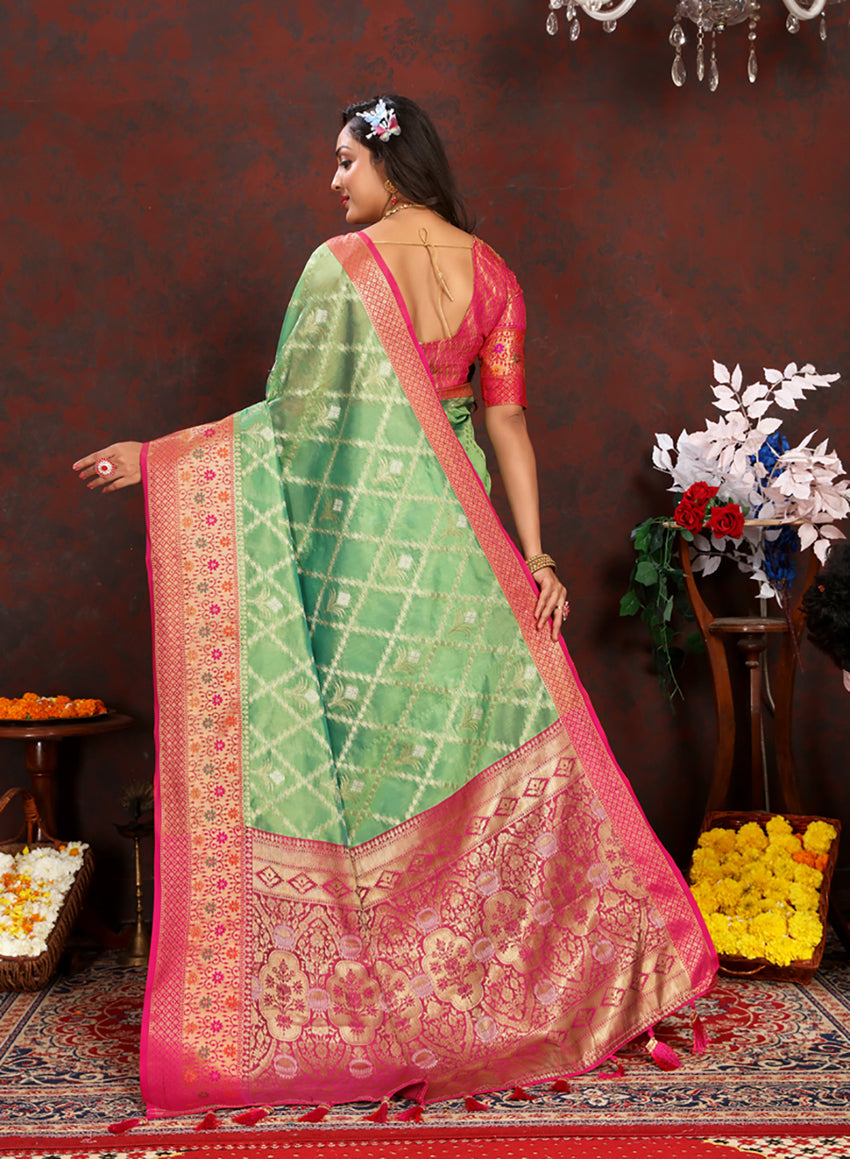 Green Organza Silk Saree with Meenakari Woven Pallu & Silk Blouse