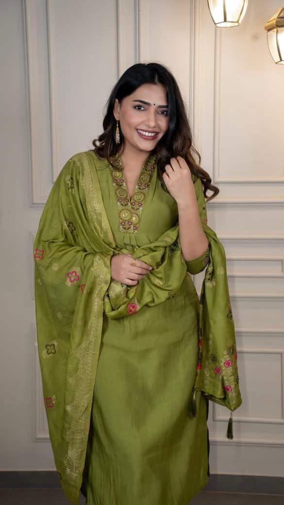 Green Roman Silk Sequined Kurta Pant Set with Dupatta