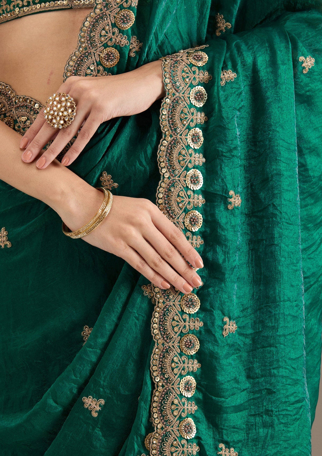 Green Fendi Satin Saree with Heavy Embroidery and Sequence Work