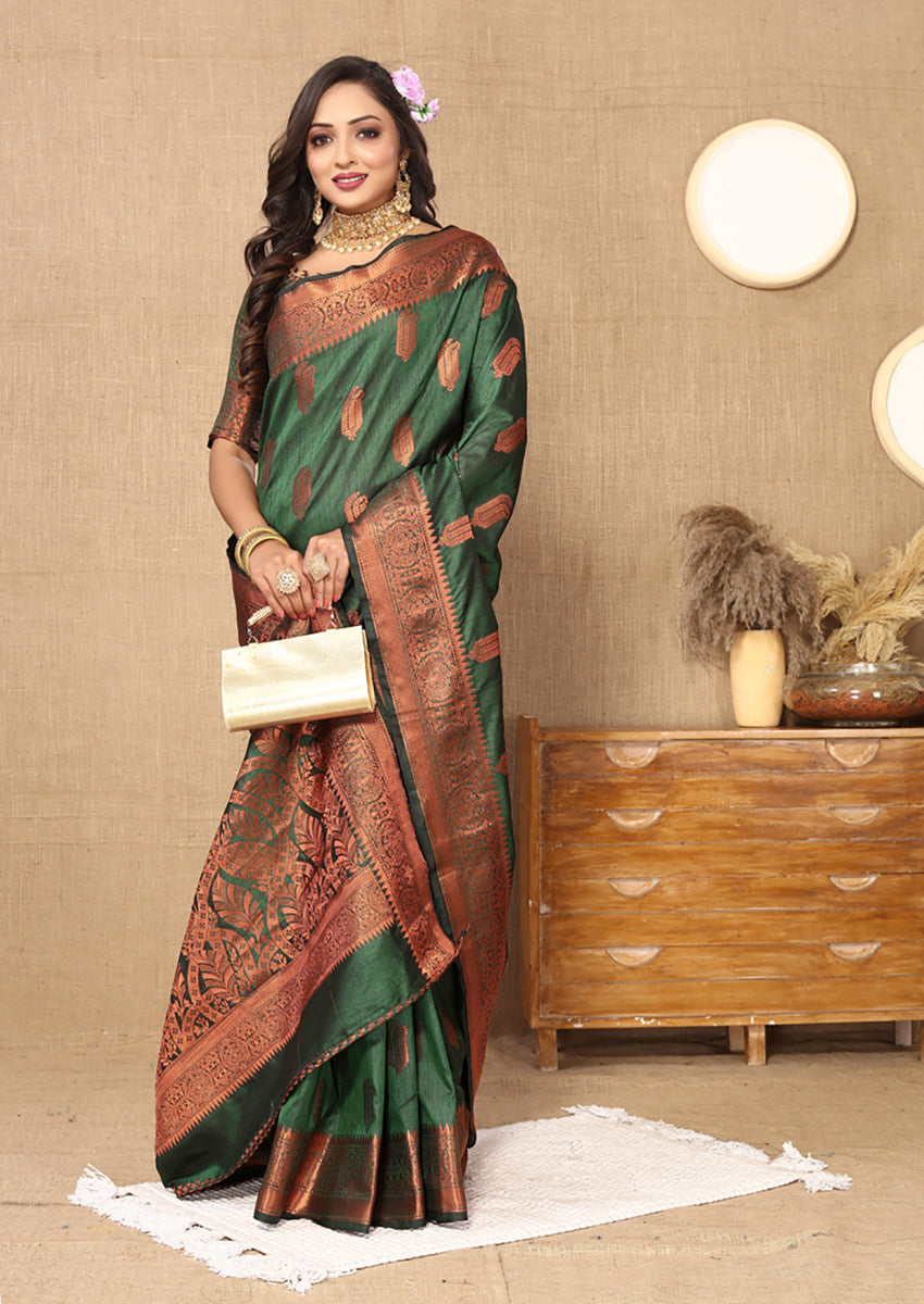 Green Soft Katan Silk Saree with Copper Zari Weaving