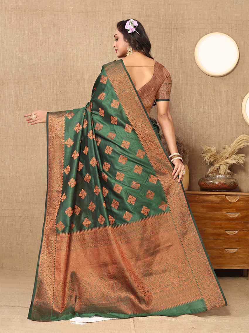 Green Soft Katan Silk Saree with Copper Zari Weaving
