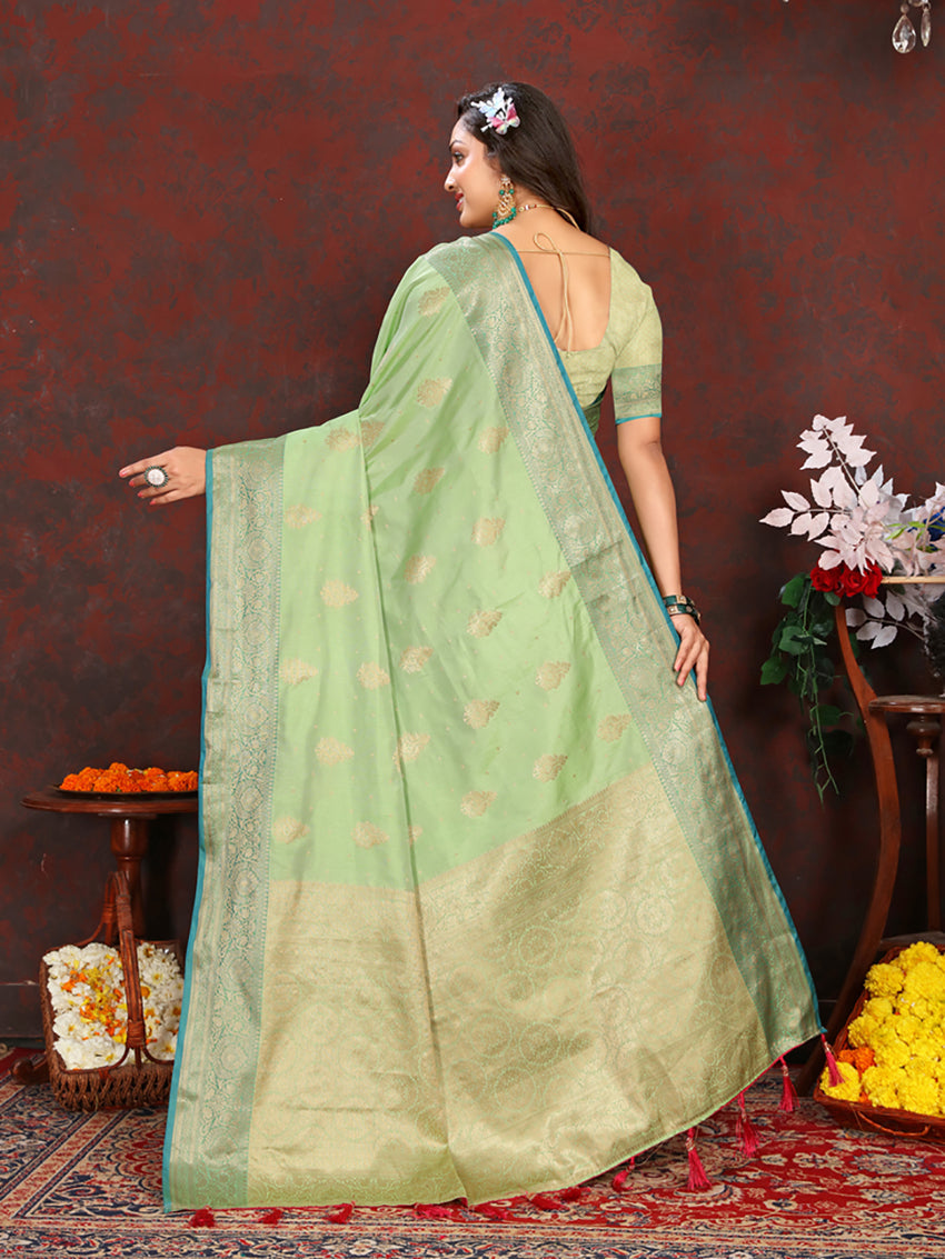 Green Soft Katan Silk Saree with Traditional Zari Woven Pallu