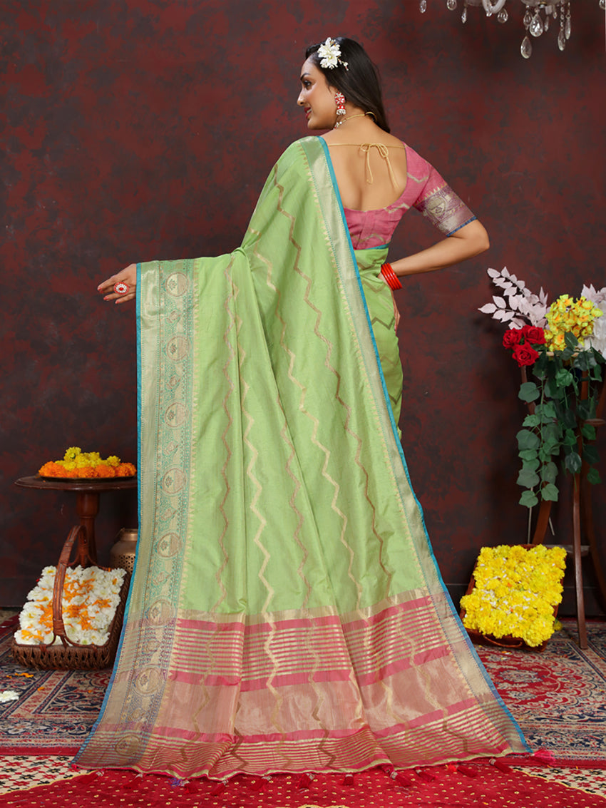 Green Soft Katan Silk Saree with Zari Woven Pallu