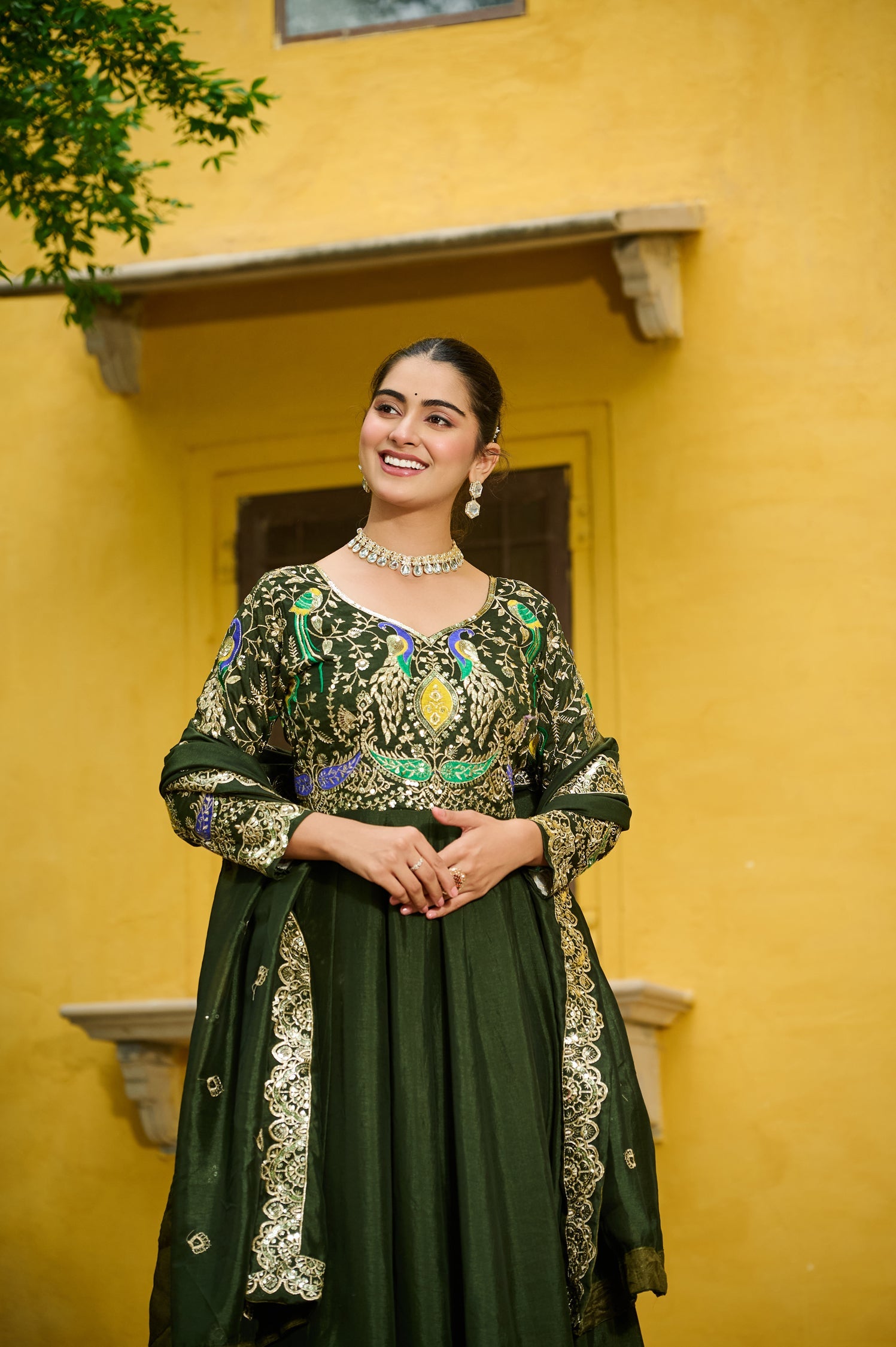 Green Vichitra Silk Anarkali Gown with Multi-Thread Embroidery
