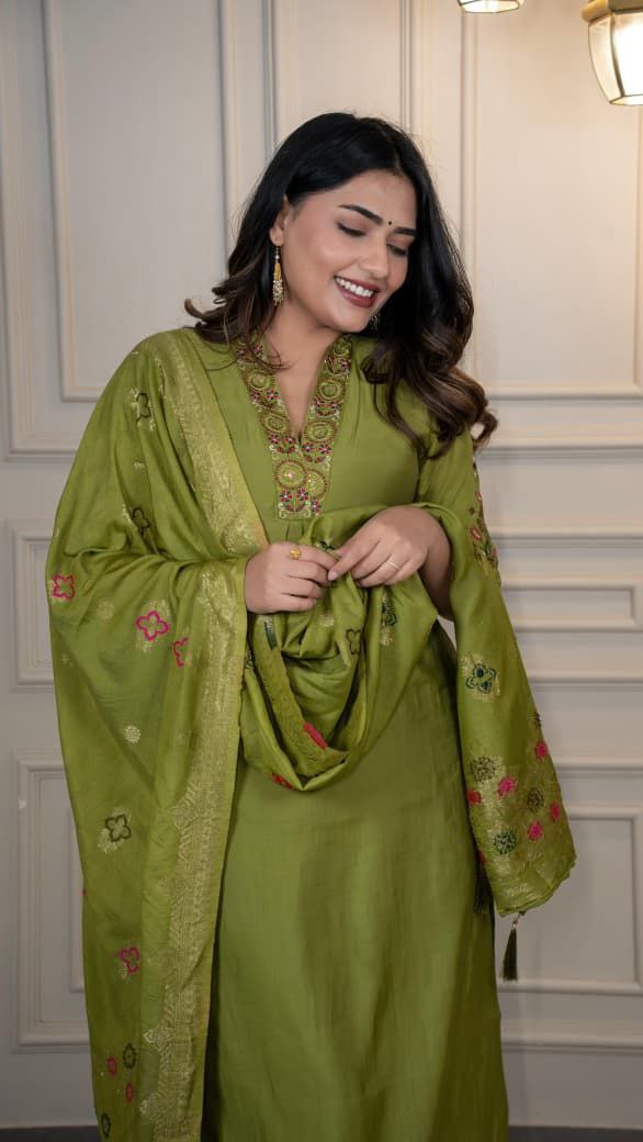 Green Roman Silk Sequined Kurta Pant Set with Dupatta