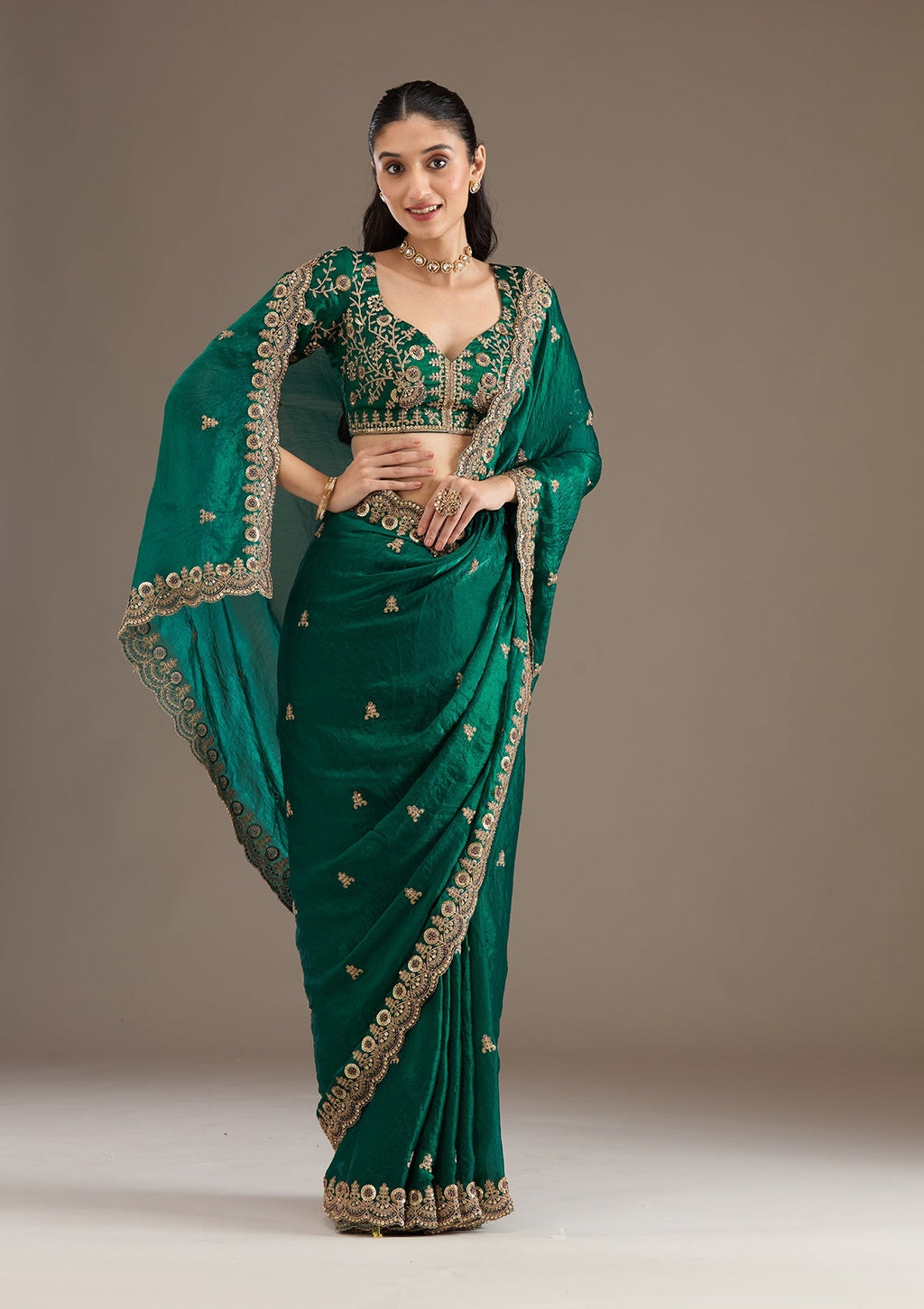 Green Fendi Satin Saree with Heavy Embroidery and Sequence Work