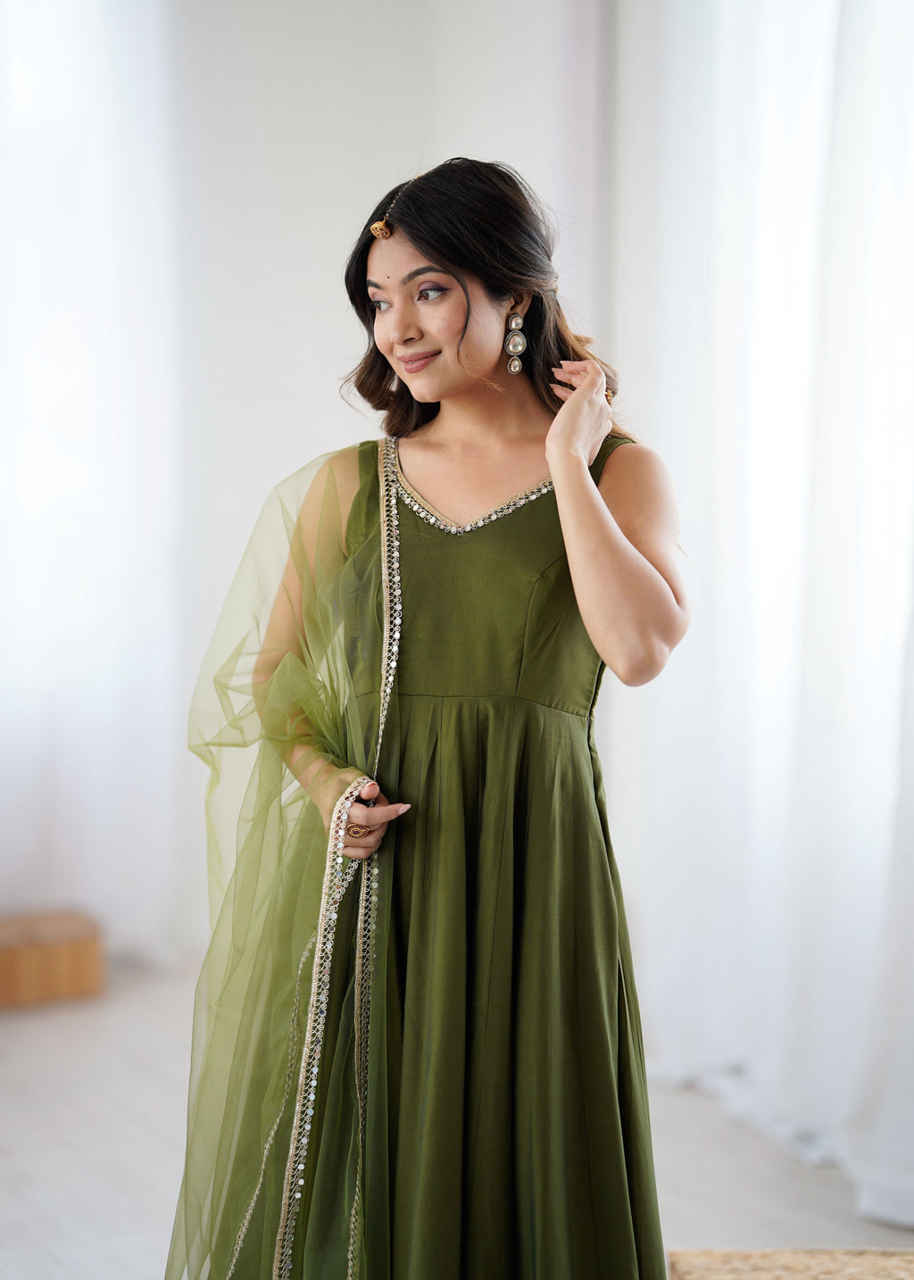 Green Romansilk Chanderi Anarkali Kurta Pant Set with Lace Work