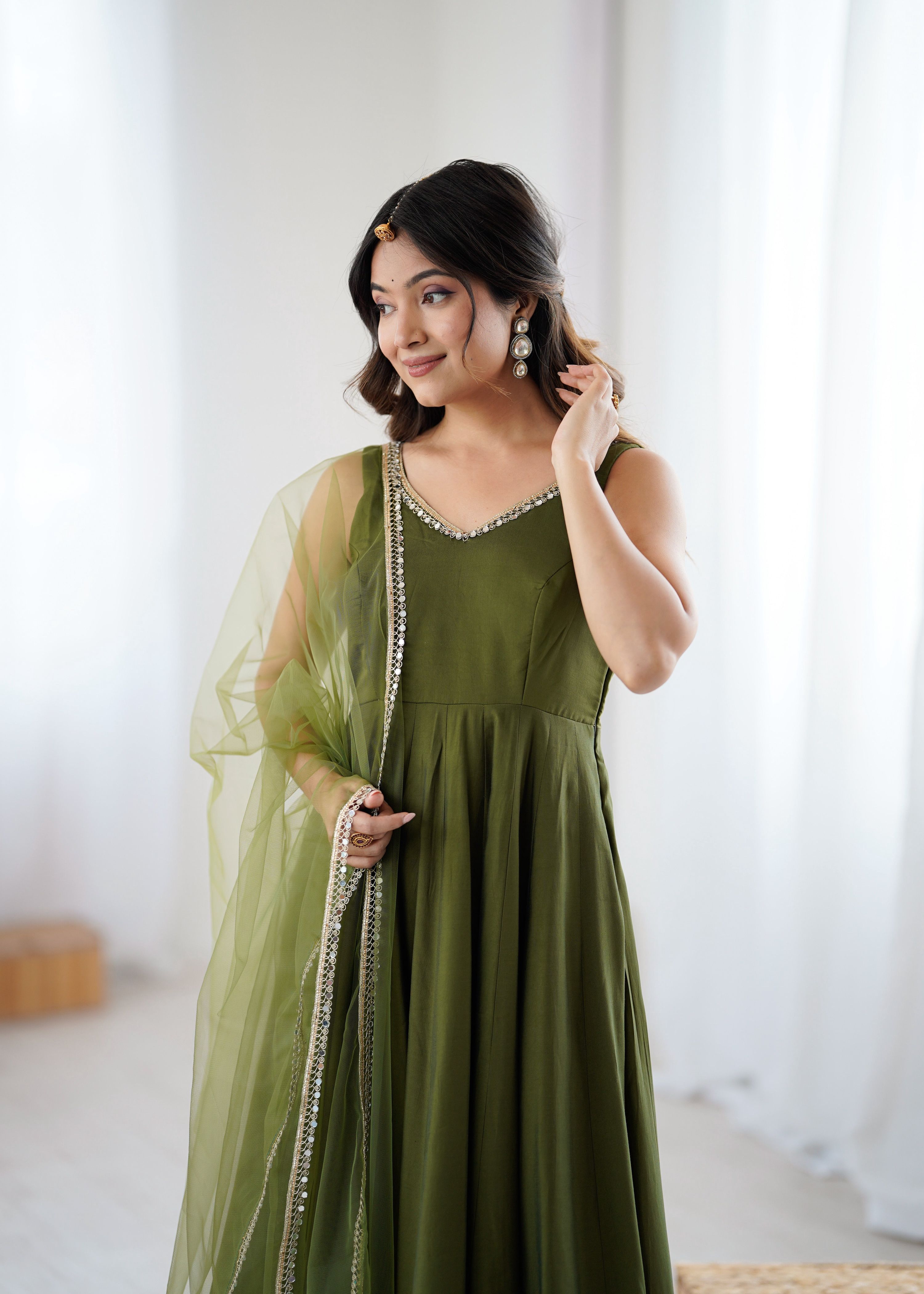 Green Romansilk Chanderi Anarkali Kurta Pant Set with Lace Work