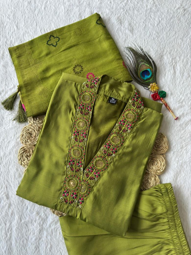 Green Roman Silk Sequined Kurta Pant Set with Dupatta