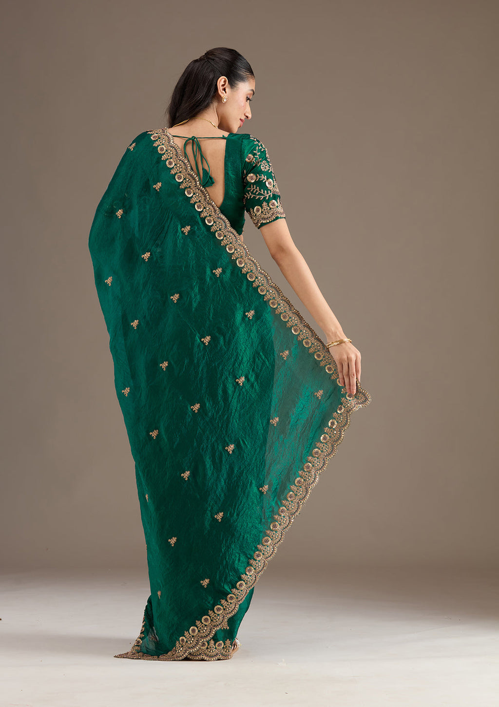 Green Fendi Satin Saree with Heavy Embroidery and Sequence Work