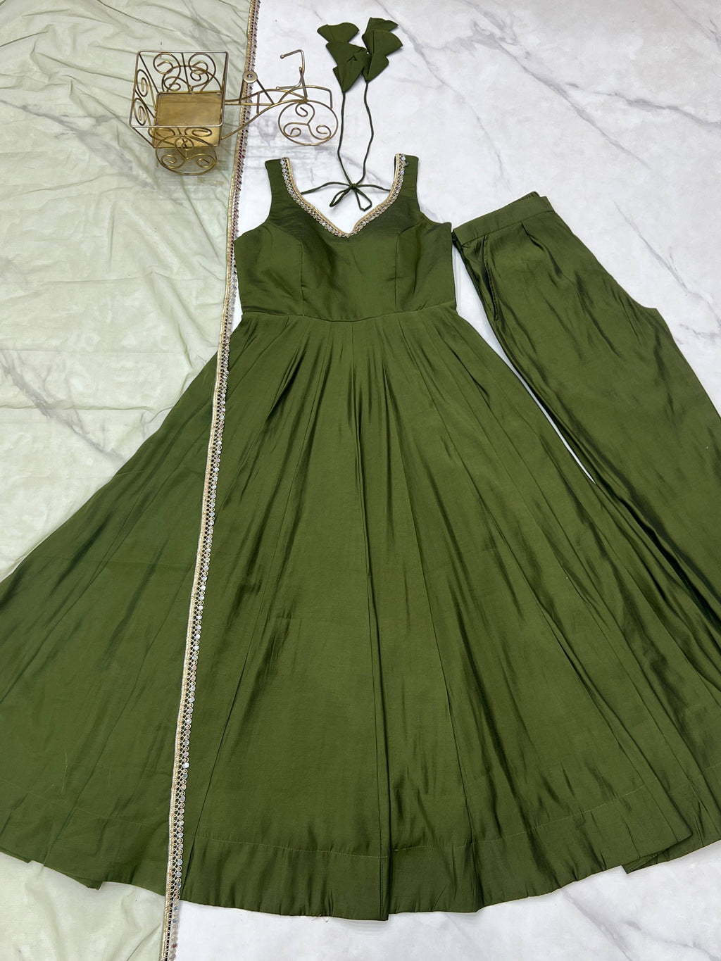 Green Romansilk Chanderi Anarkali Kurta Pant Set with Lace Work