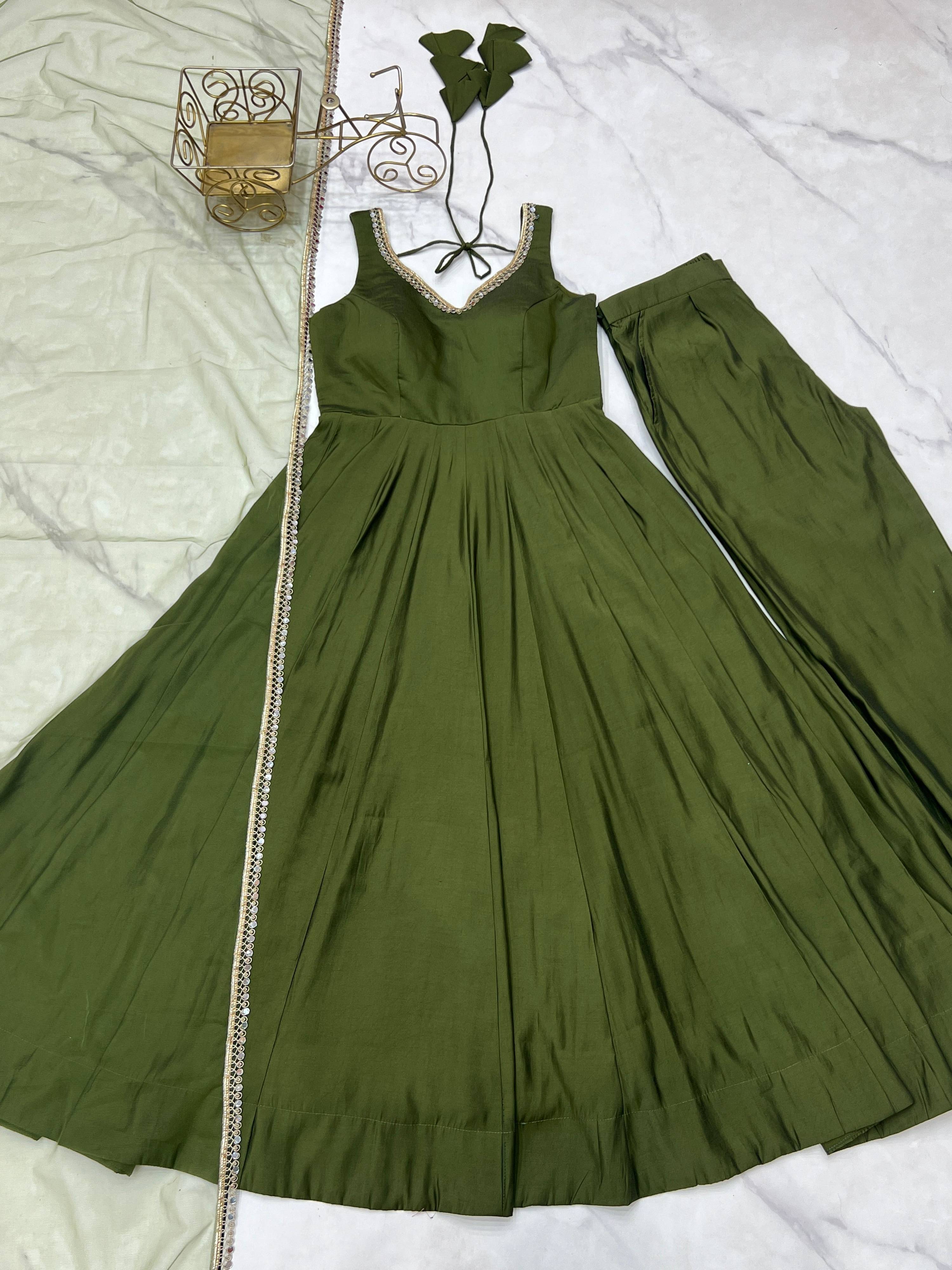 Green Romansilk Chanderi Anarkali Kurta Pant Set with Lace Work
