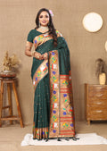 Green Soft Paithani Silk saree featuring traditional Zari and Meenakari weaving