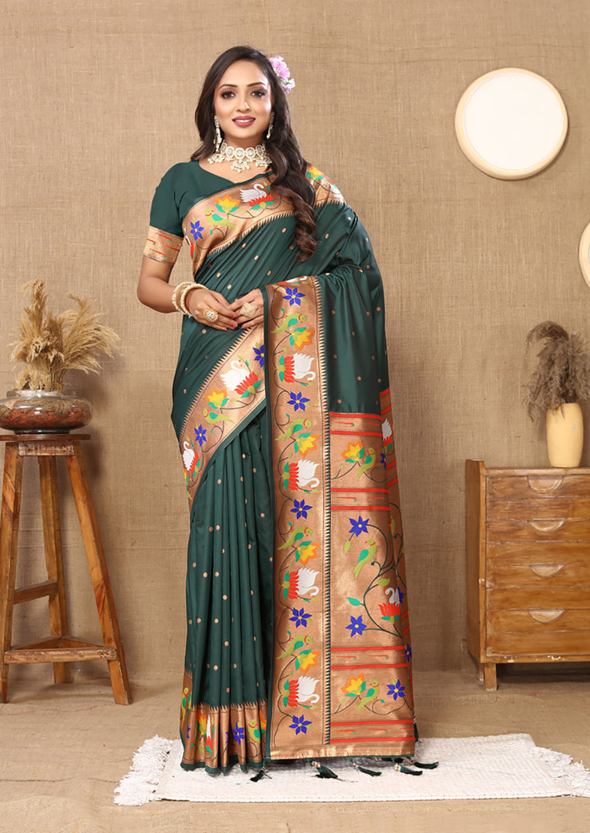 Green Soft Paithani Silk saree featuring traditional Zari and Meenakari weaving