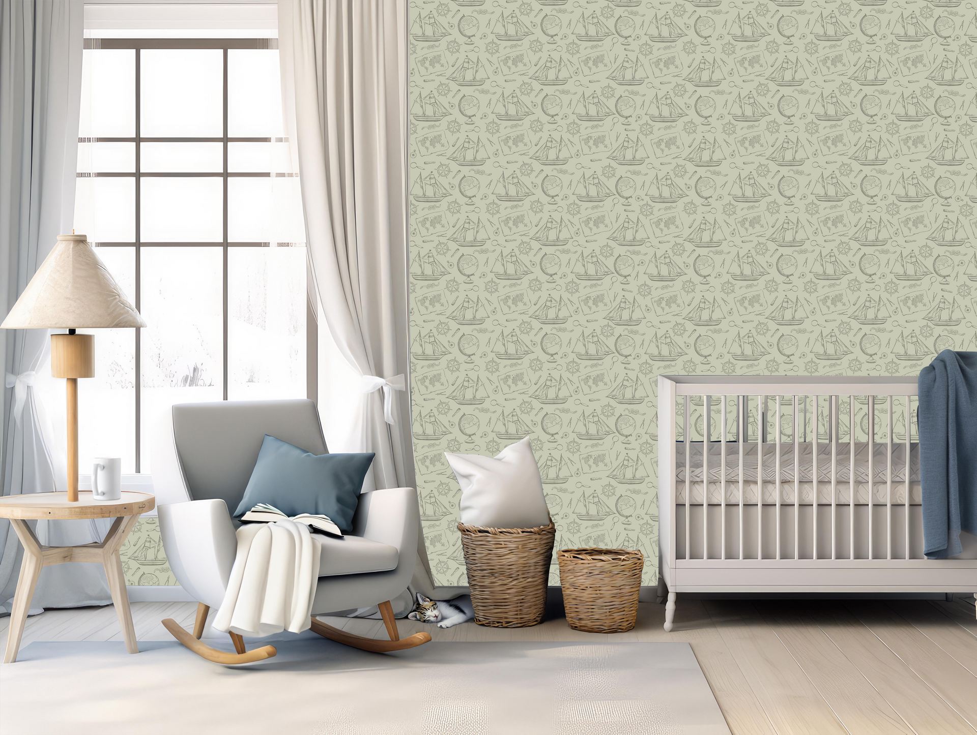Turner Removable Wallpaper in Blue-Grey, White and Beige