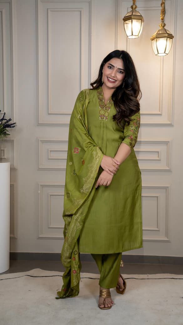 Green Roman Silk kurta pant set featuring sequence embroidery and dupatta