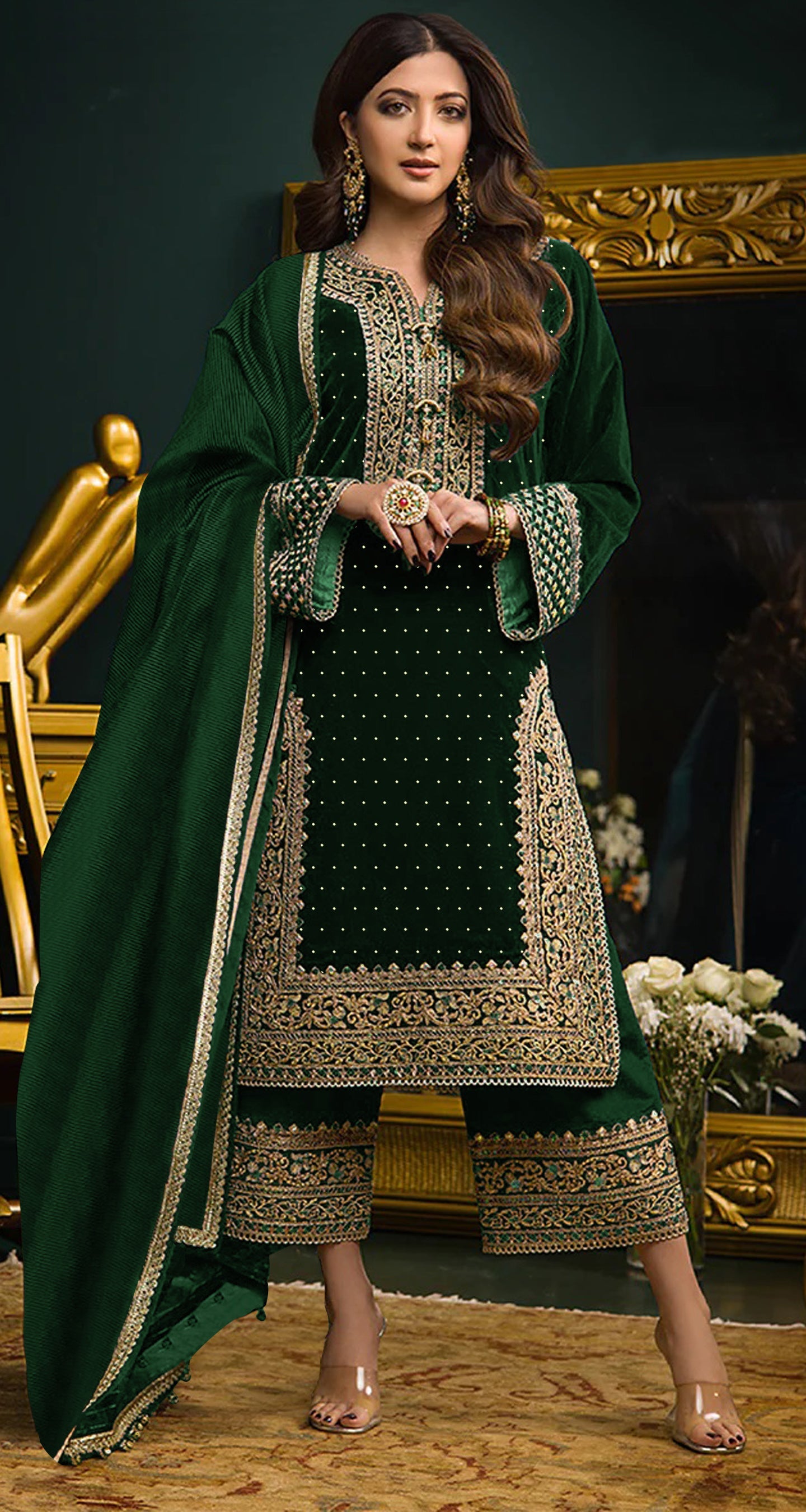 Premium green velvet salwar suit material with sequence embroidery