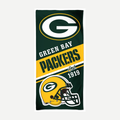 Green Bay Packers football team velour beach towel with large team logo, helmet graphic, and green and gold colors.