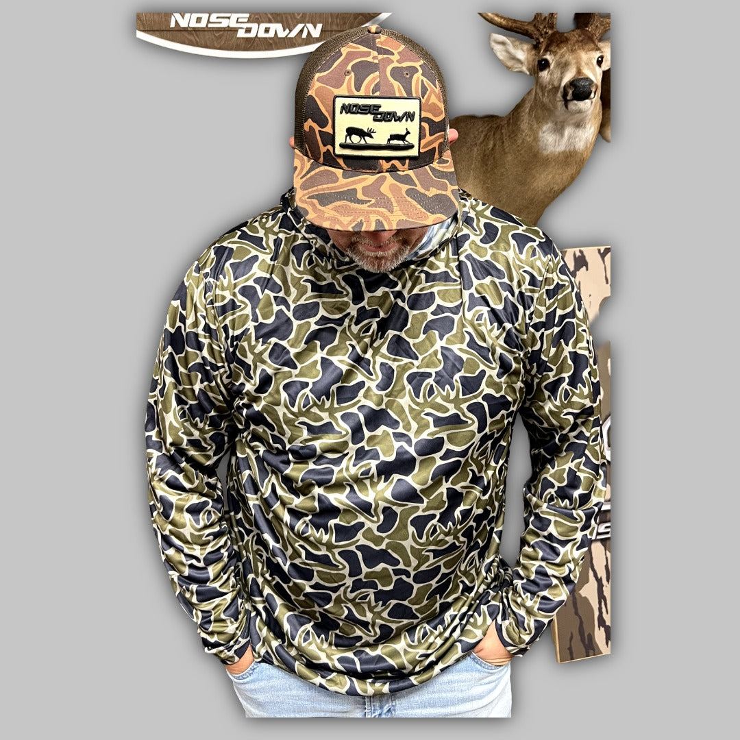 Close up of the lightweight Nose Down Dry Fit Hoodie in a technical polyester-style fabric.