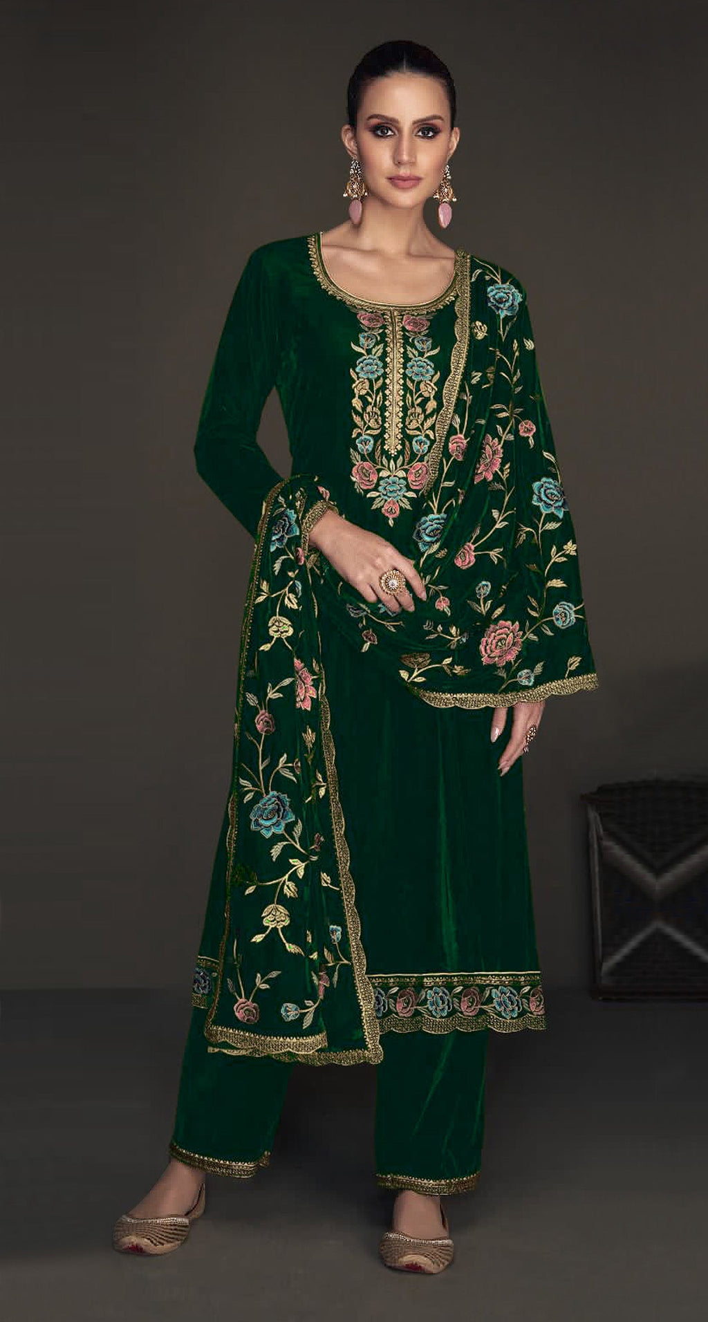 Green velvet salwar suit material with intricate embroidery, sequence work, and lace detailing