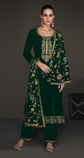 Green velvet salwar suit material with intricate embroidery, sequence work, and lace detailing