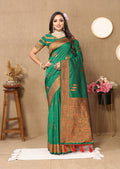 Green Soft Silk Saree featuring beautiful Copper Zari weaving.