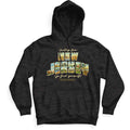 Unisex charcoal midweight hoodie with Greetings from New Jersey graphic print on chest