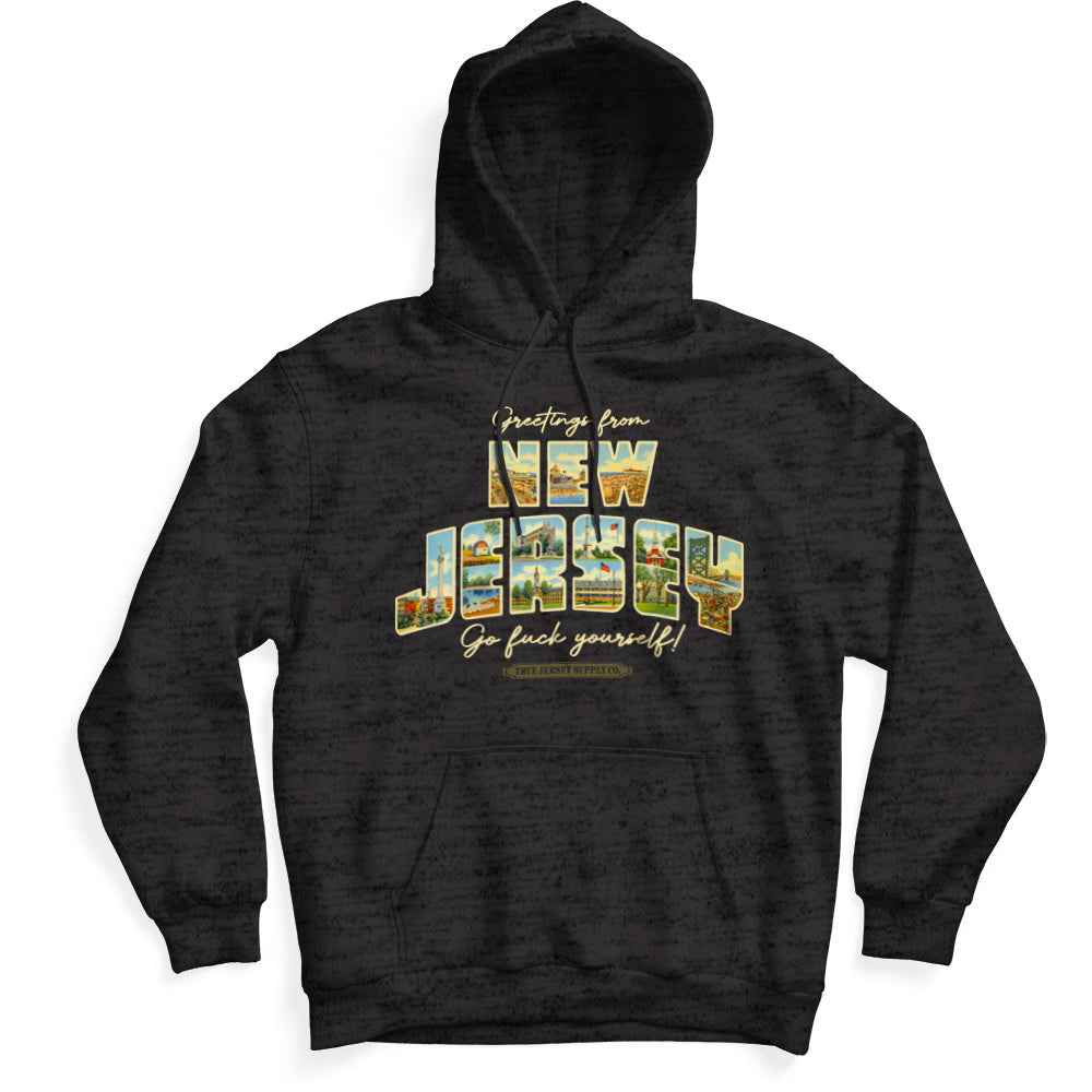 Unisex charcoal midweight hoodie with Greetings from New Jersey graphic print on chest
