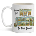 White ceramic mug featuring a vintage-style New Jersey postcard graphic design.