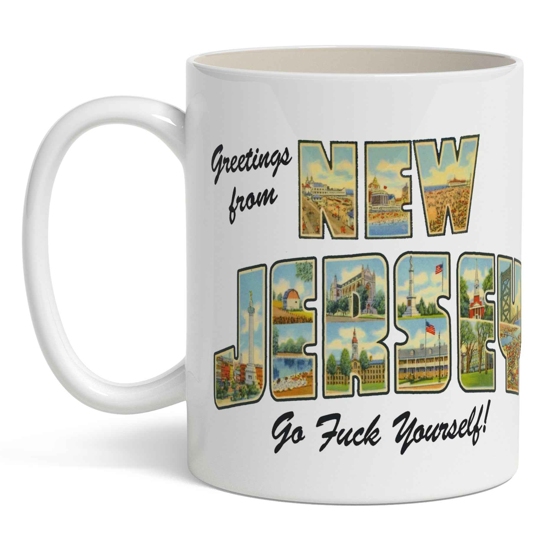 White ceramic mug featuring a vintage-style New Jersey postcard graphic design.